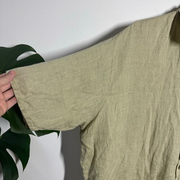 Flax Linen Lagenlook Button Up Top Women L Green Coastal Minimal Casual Vacation - Picture 4 of 8